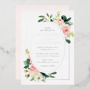Silver Blush Pink Floral Frame Wedding Folieneinladung