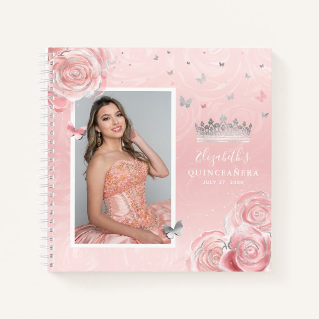 Silver Blush Pink Foto Quinceanera Gästebuch Notizbuch (Vorderseite)