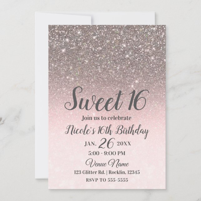 Silver & Blush Pink Glitzer Sparkle Glam Sweet 16 Einladung (Vorderseite)
