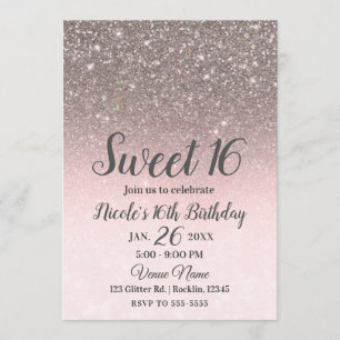 Silver & Blush Pink Glitzer Sparkle Glam Sweet 16 Einladung