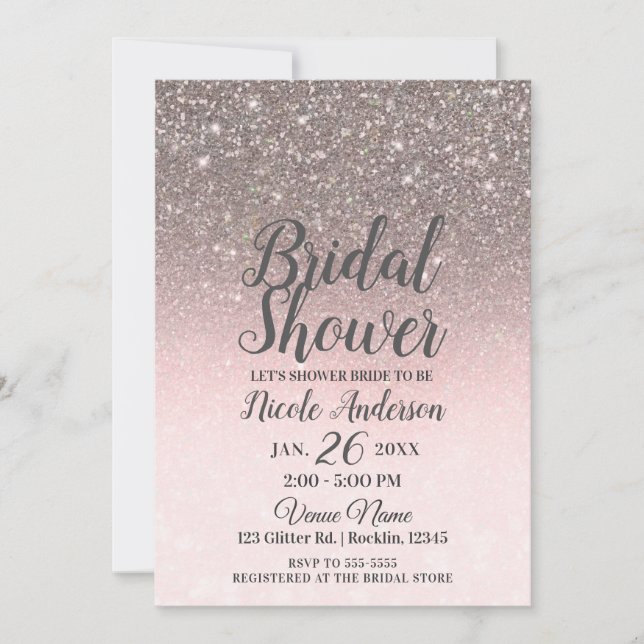 Silver & Blush Pink Glitzer Sparkone Brautparty Einladung (Vorderseite)