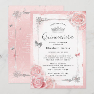 Silver Blush Pink Roses Wasserfarbe Quinceanera Einladung
