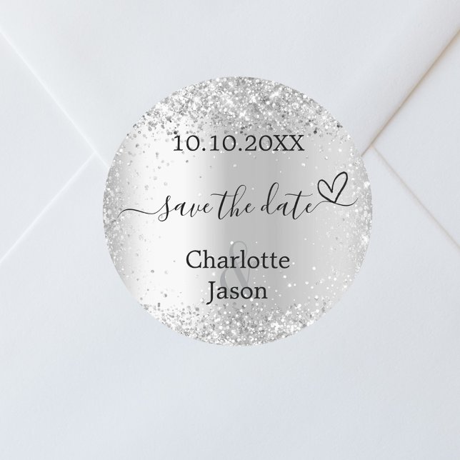 Silver Boho Hochzeit Speichern Sie das Datum Runder Aufkleber (Von Creator hochgeladen)