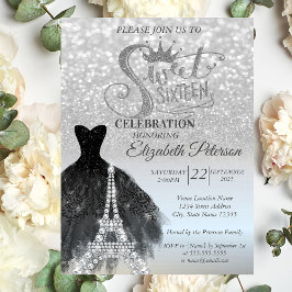 Silver Bokeh Black Dress Eiffelturm Sweet 16 Einladung