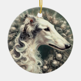 Silver Borzoi Wreath Ornament
