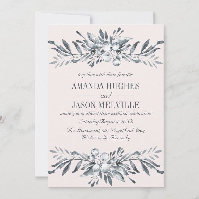 Silver Botanical | Hochzeit mit Blumenkranz PINK Einladung (Vorderseite)