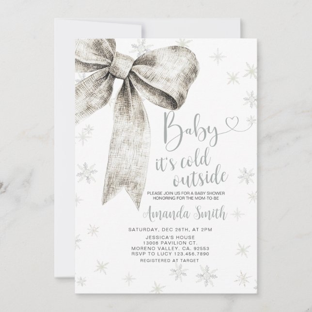 Silver Bow Baby It's Cold Outside Baby Shower Einladung (Vorderseite)