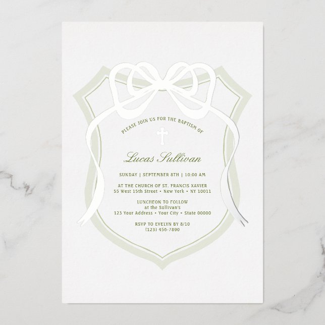 Silver Bow Sage Green Wappen Taufe Folieneinladung (Vorderseite)