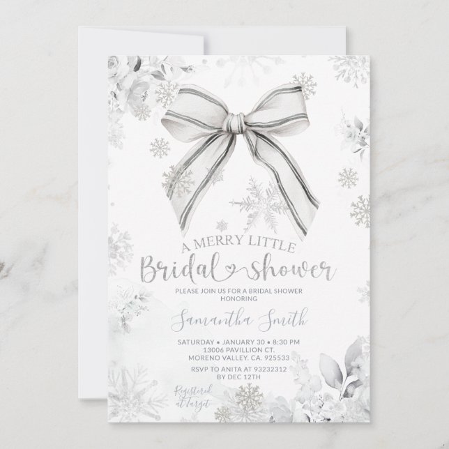Silver Bow Winter A Merry Little Bridal Shower Einladung (Vorderseite)