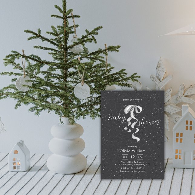 Silver Bow Winter Snow Dark Grey Baby Shower Einladung (Silver Bow Winter Snow Dark Grey Baby Shower Invitation)