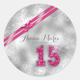 Silver Brocade Fünfzehnte Geburtstag Hot Pink ID38 Runder Aufkleber