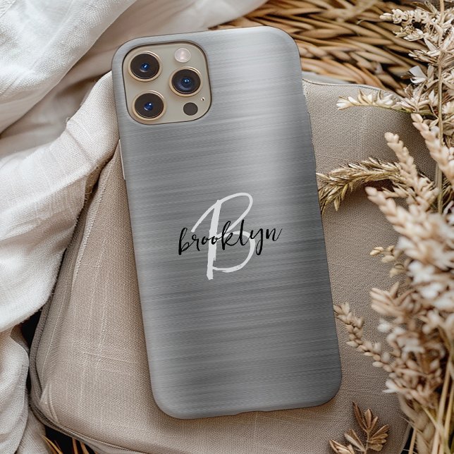 Silver Brushed Metal Black White Script Monogram  Case-Mate iPhone Hülle (Von Creator hochgeladen)