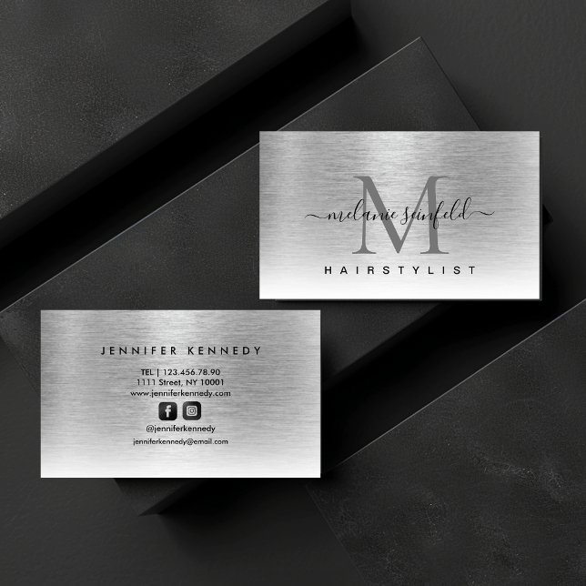 Silver Brushed Metal Elegant Monogram Modern Visitenkarte (Silver Brushed Metal Elegant Monogram Modern Business Card)