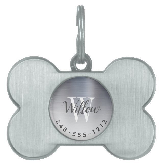 Silver Brushed Metal Monogram Ombre Dog Bone Tiermarke (Vorderseite)