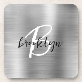 Silver Brushed Metal Schwarz-weiß Script Monogram Getränkeuntersetzer