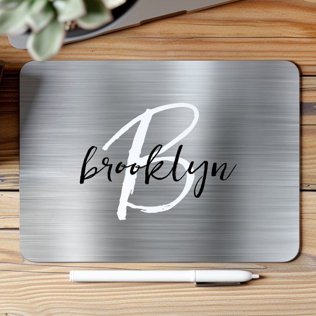 Silver Brushed Metal Schwarz-weiß Script Monogram Mousepad (Von Creator hochgeladen)