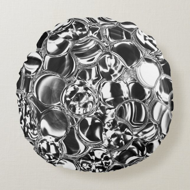 Silver bubbles with glass or metal tone rundes kissen (Vorderseite)