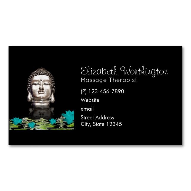 Silver Buddha Head Statue mit Lotus Blume Magnetische Visitenkarte (Vorderseite)