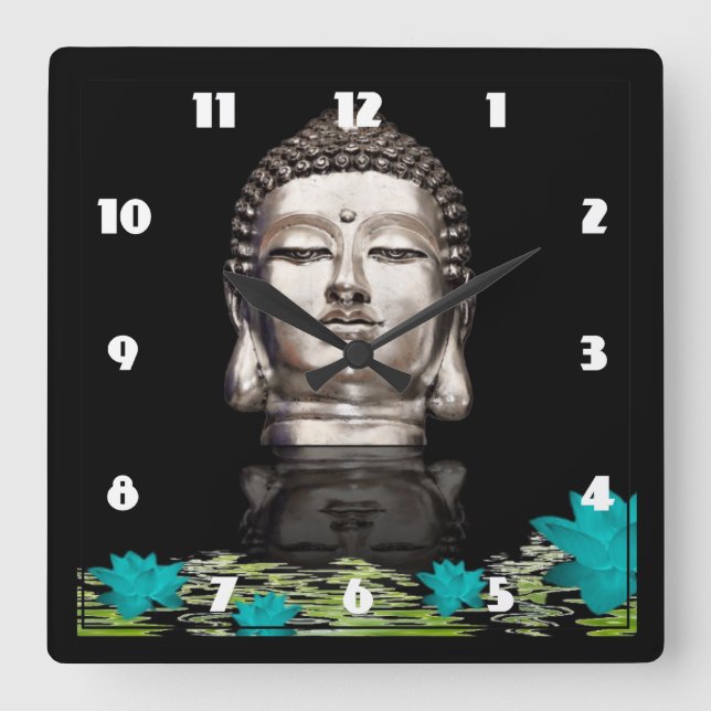 Silver Buddha Head Statue Quadratische Wanduhr (Vorderseite)