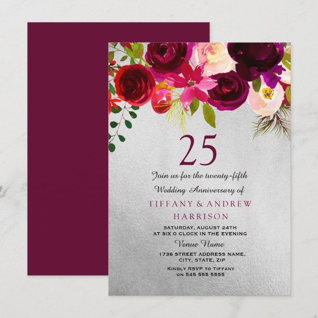 Silver & Burgundy Floral 25. Hochzeitstag Einladung (Vorne/Hinten)