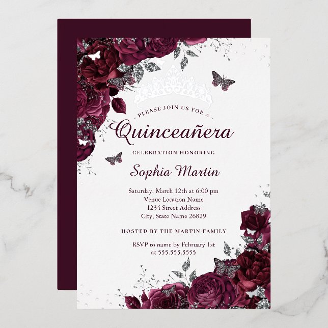 Silver Burgundy Floral Elegante Quinceanera Folieneinladung (Vorderseite/Rückseite)