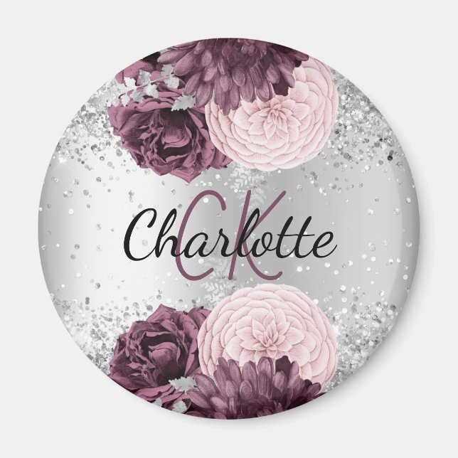 Silver burgundy florale elegant monogram name magnet (Vorne)