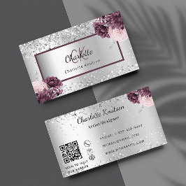 Silver burgundy florale elegant monogram QR code Visitenkarte