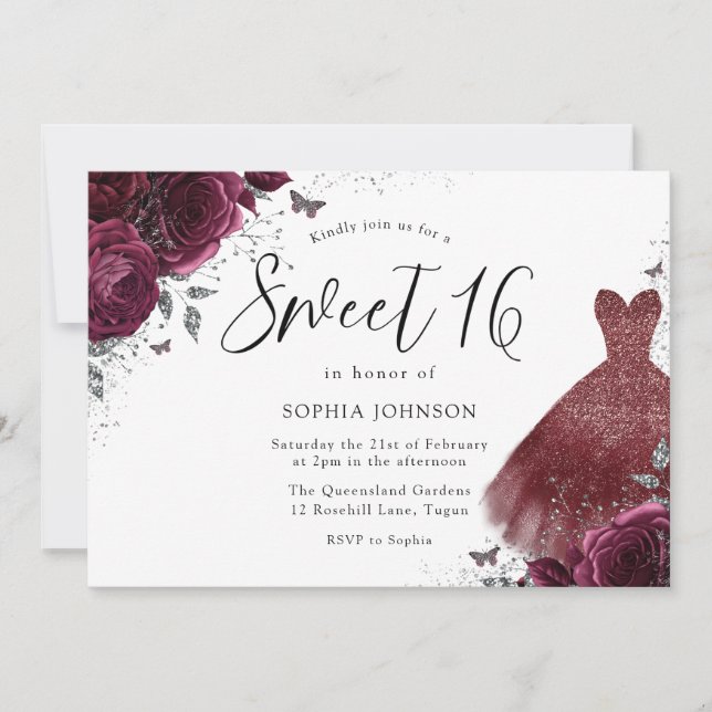 Silver Burgundy Sparkle Dress Rose Sweet 16 Einladung (Vorderseite)