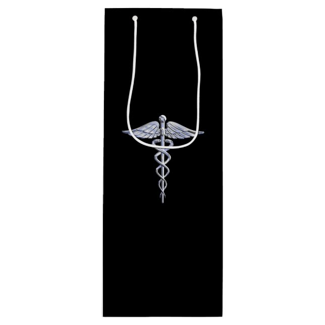 Silver Caduceus Medical Symbol auf schwarz Geschenktüte Für Weinflaschen (Vorderseite)