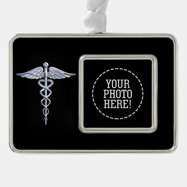 Silver Caduceus Medical Symbol auf schwarz Rahmen-Ornament Silber (Vorderseite)