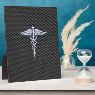 Silver Caduceus Medical Symbol Carbon Fiber Style Fotoplatte