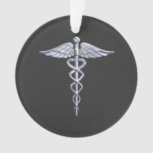 Silver Caduceus Medical Symbol Carbon Fiber Style Ornament