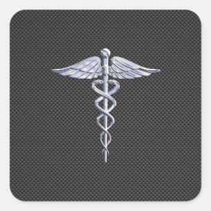 Silver Caduceus Medical Symbol Carbon Fiber Style Quadratischer Aufkleber