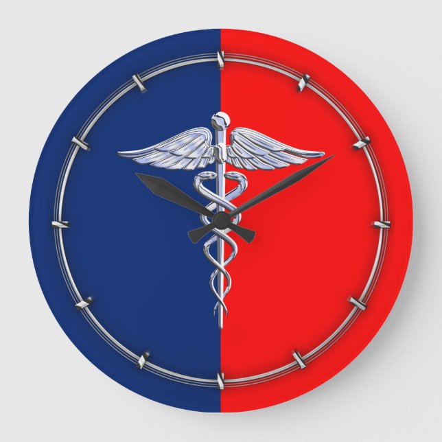 Silver Caduceus Medical Symbol League Große Wanduhr (Vorderseite)