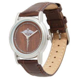 Silver Caduceus Medical Symbol Mahogany Dekoration Armbanduhr