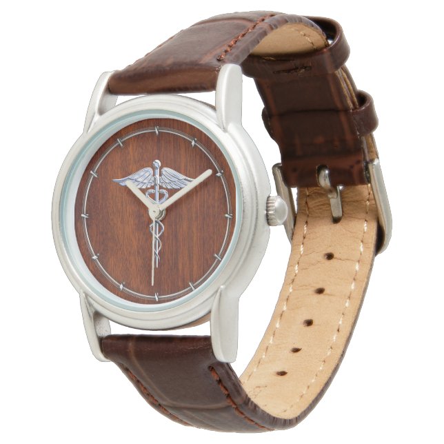 Silver Caduceus Medical Symbol Mahogany Dekoration Armbanduhr (Schrägansicht)