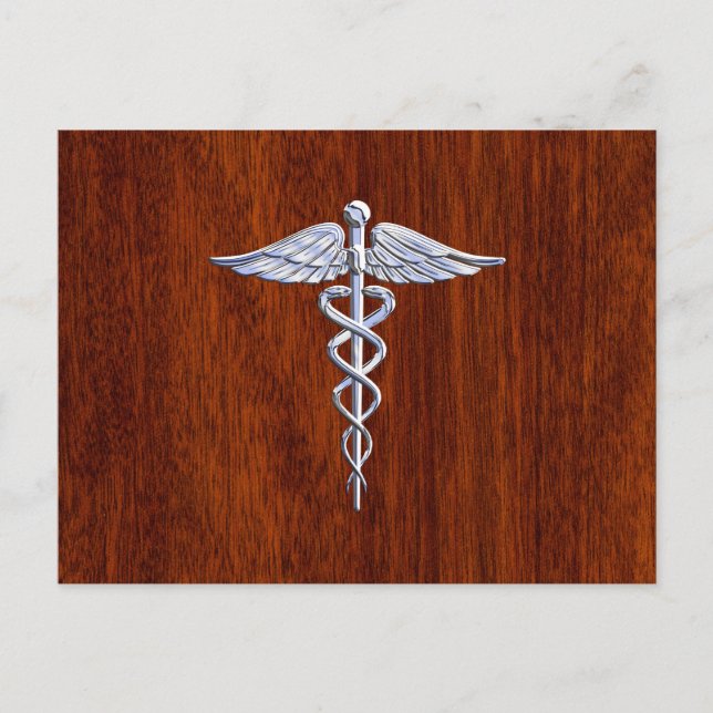 Silver Caduceus Medical Symbol Mahogany Dekoration Postkarte (Vorderseite)