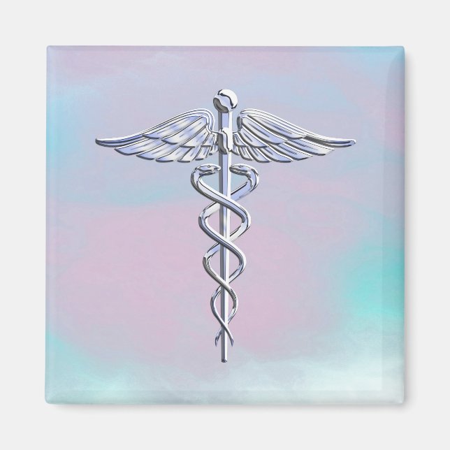 Silver Caduceus Medical Symbol Mother Pearl Decor Magnet (Vorne)
