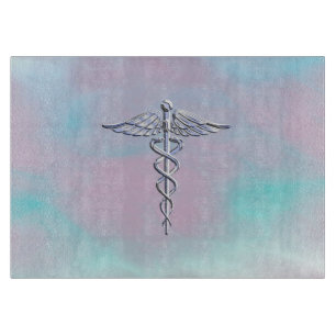 Silver Caduceus Medical Symbol Mother Pearl Schneidebrett