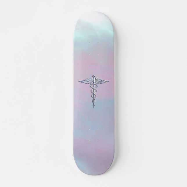 Silver Caduceus Medical Symbol Mother Pearl Skateboard (Vorne)