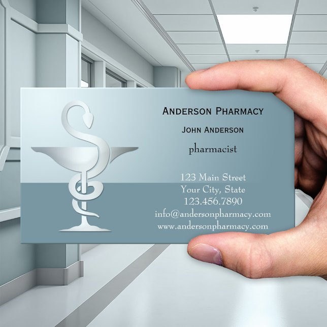 Silver Caduceus Pharmacy Business Card Visitenkarte (Modern pharmaceutical themed business card in pale teal blue with a silver caduceus - pharmacy)
