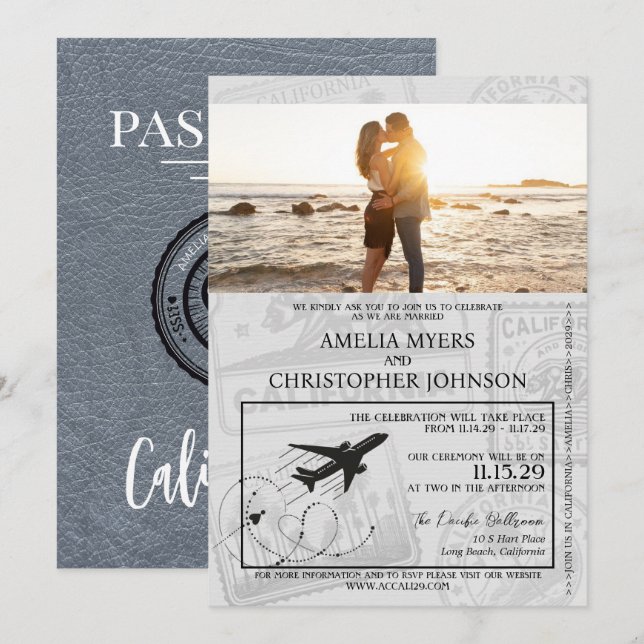 Silver California Passport Wedding Einladung (Vorne/Hinten)