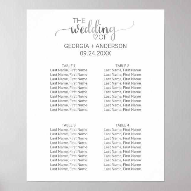 Silver Calligraphy Small Wedding Seating Chart Poster (Vorne)