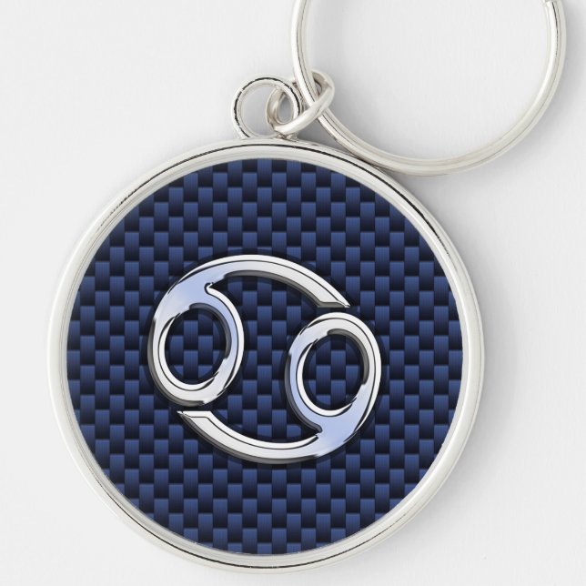 Silver Cancer Sign auf Navy Blue Carbon Fibre Prin Schlüsselanhänger (Vorne)