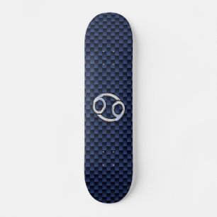 Silver Cancer Sign on Navy Blue Carbon Fiber Print Skateboard