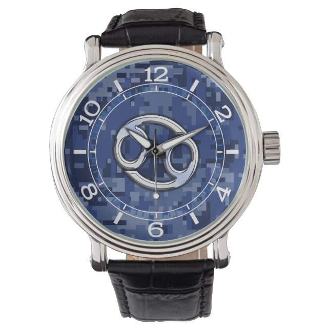 Silver Cancer Zodiac Sign Navy Blue Camouflage Dia Armbanduhr (Vorderseite)