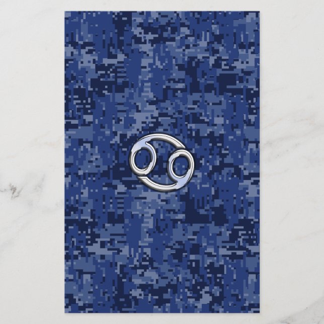 Silver Cancer Zodiac Sign Navy Blue Digital Camo Briefpapier (Vorderseite)