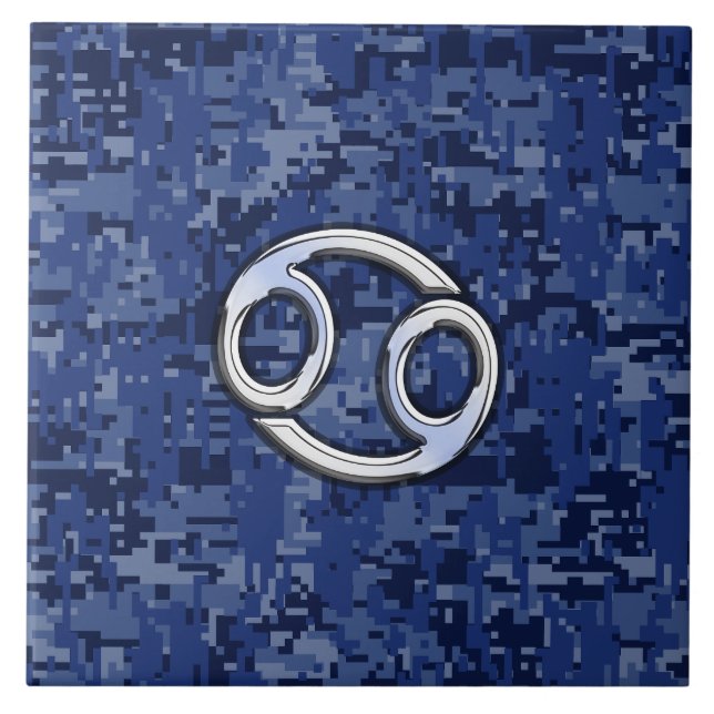 Silver Cancer Zodiac Sign Navy Blue Digital Camo Fliese (Vorderseite)
