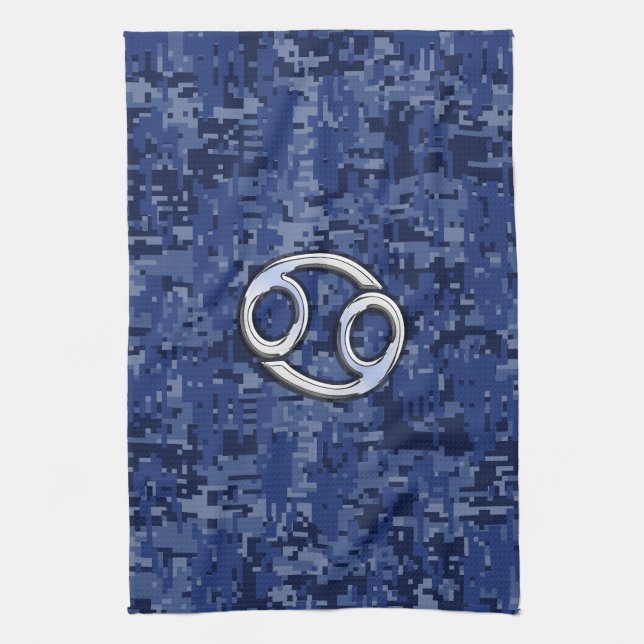 Silver Cancer Zodiac Sign Navy Blue Digital Camo Geschirrtuch (Vertikal)