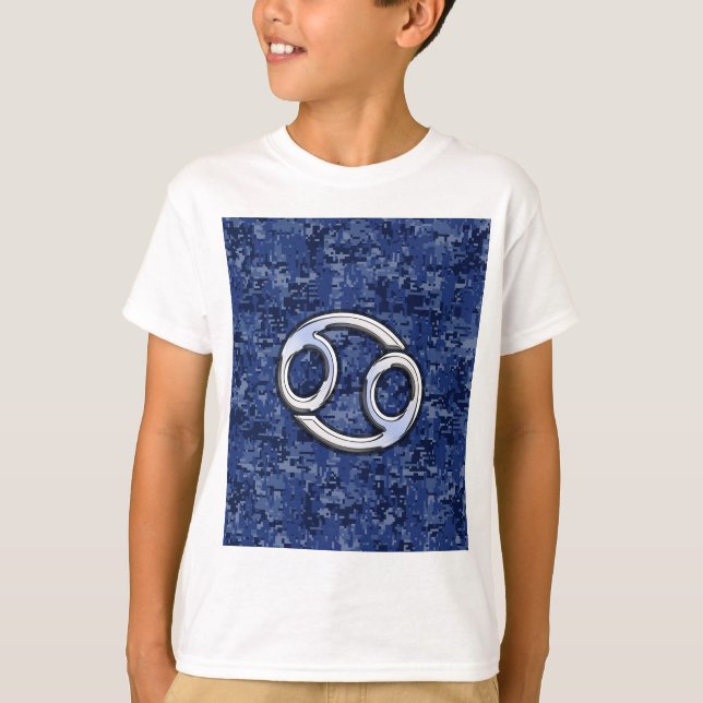 Silver Cancer Zodiac Sign Navy Blue Digital Camo T-Shirt (Vorderseite)